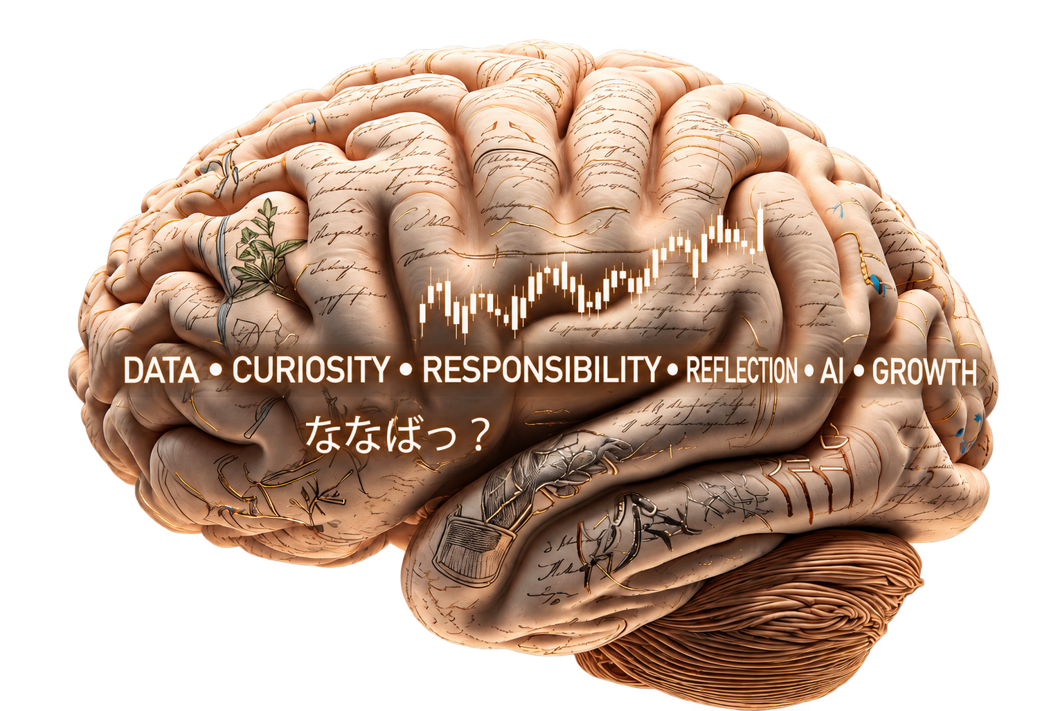 A sculptural brain inscribed with data, curiosity, responsibility, reflection, AI and growth