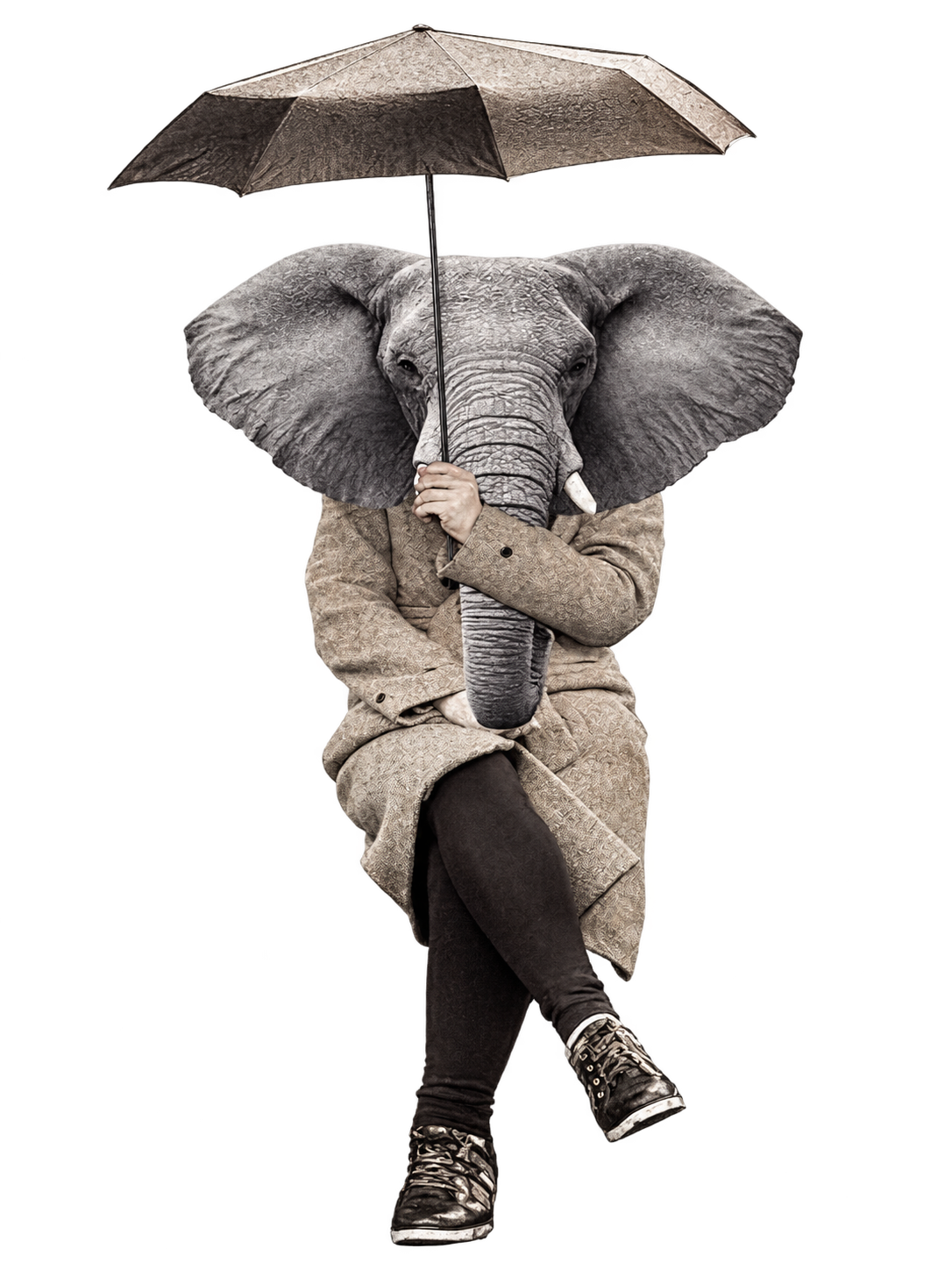 A seated figure with an elephant head holding an umbrella